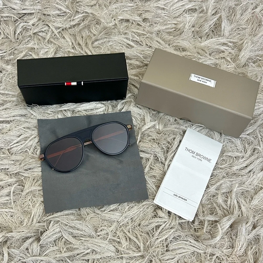 NIB THOM BROWNE TB-809 Aviator Sunglasses in Navy/Gold 55mm Made in Japan $650